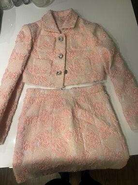 Cropped Floral Embroidered Mini Skirt Set - Pink